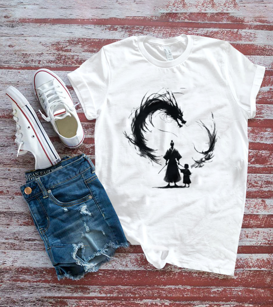 Samurai And Son With Black Dragon Circle T-Shirt