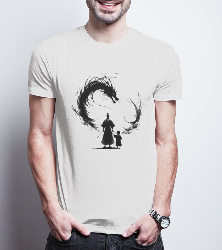 Samurai And Son With Black Dragon Circle T-Shirt