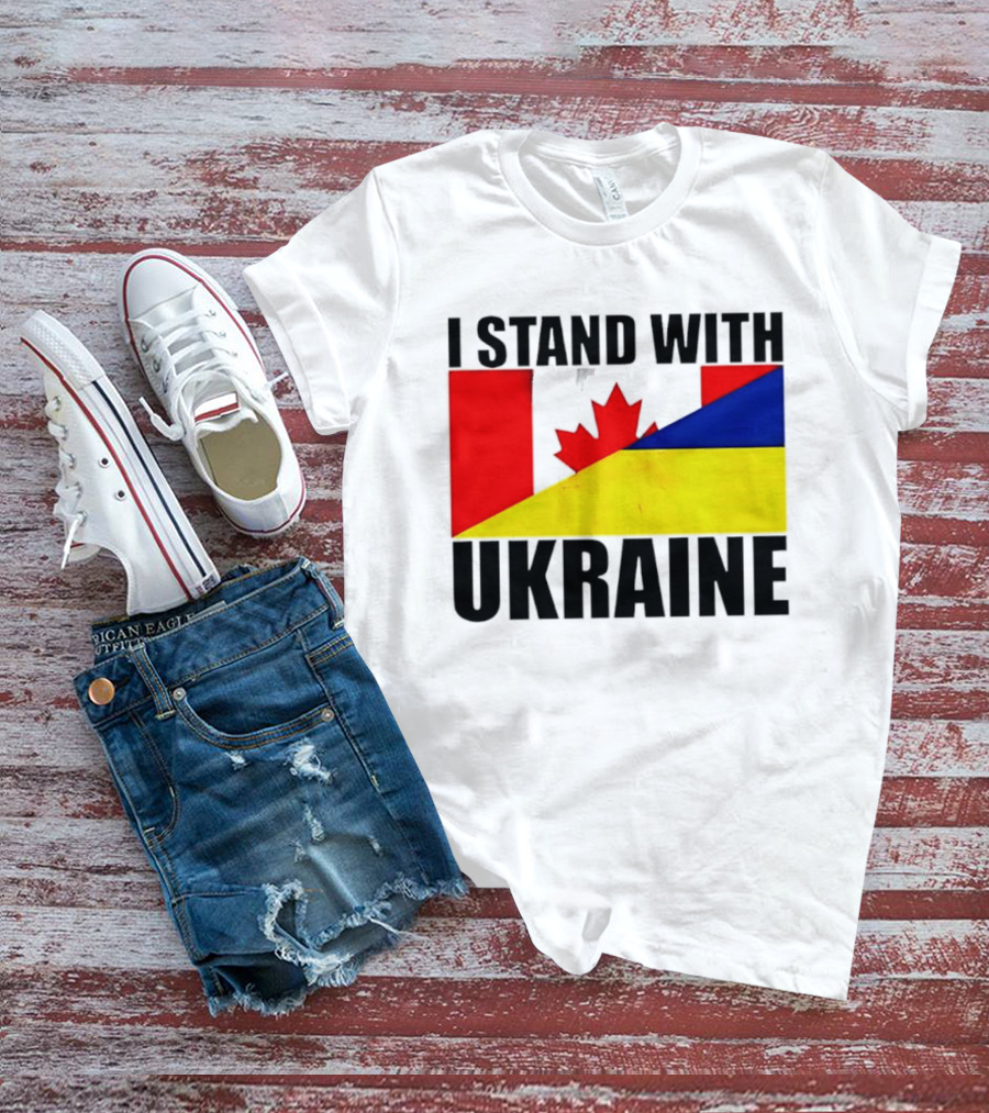I Stand With Ukraine Canada Flag Maple Leaf Yellow Blue T-Shirt