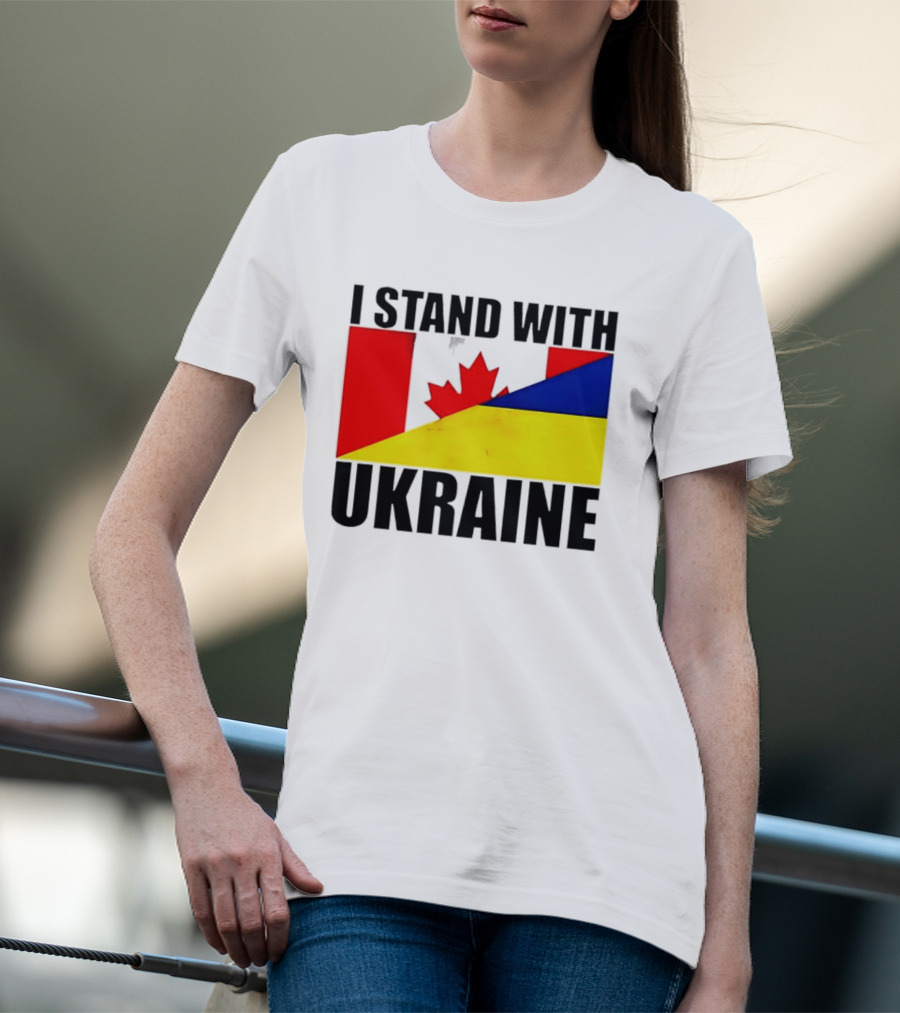 I Stand With Ukraine Canada Flag Maple Leaf Yellow Blue T-Shirt