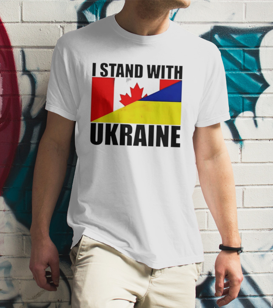 I Stand With Ukraine Canada Flag Maple Leaf Yellow Blue T-Shirt