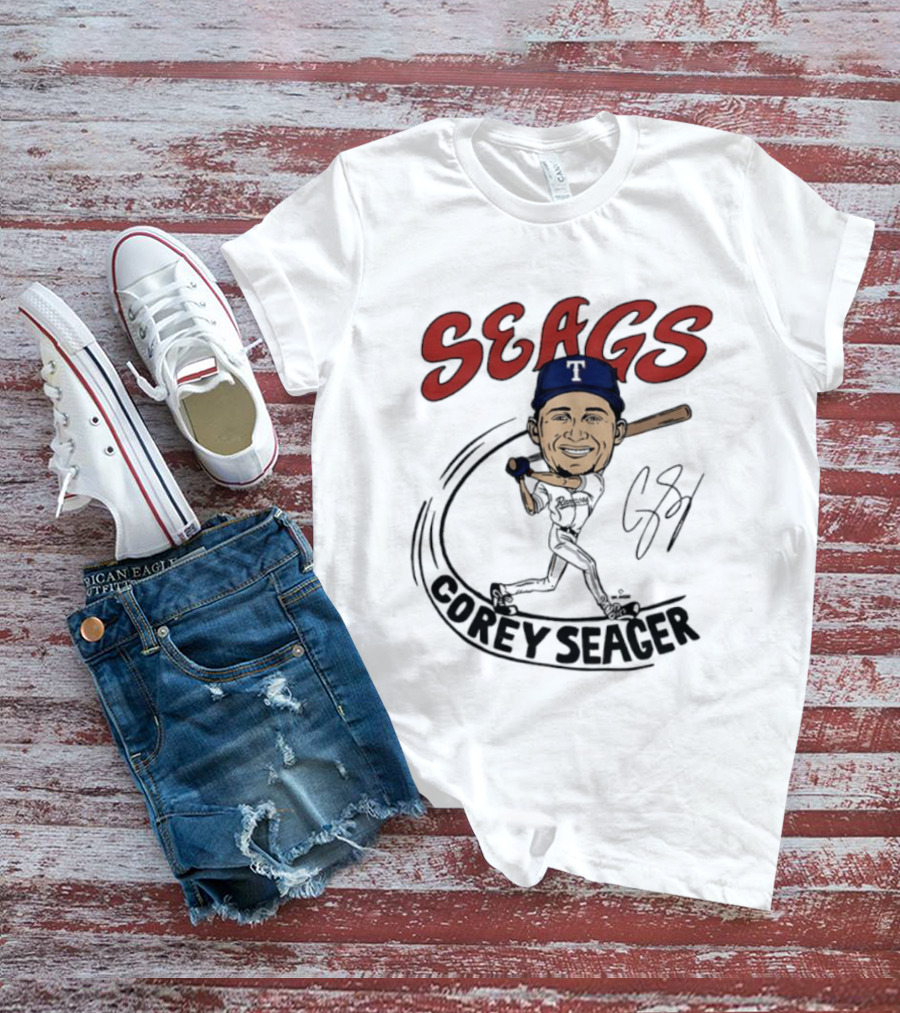 Seags Corey Seager Texas Rangers Slugger Swing Caricature T-Shirt