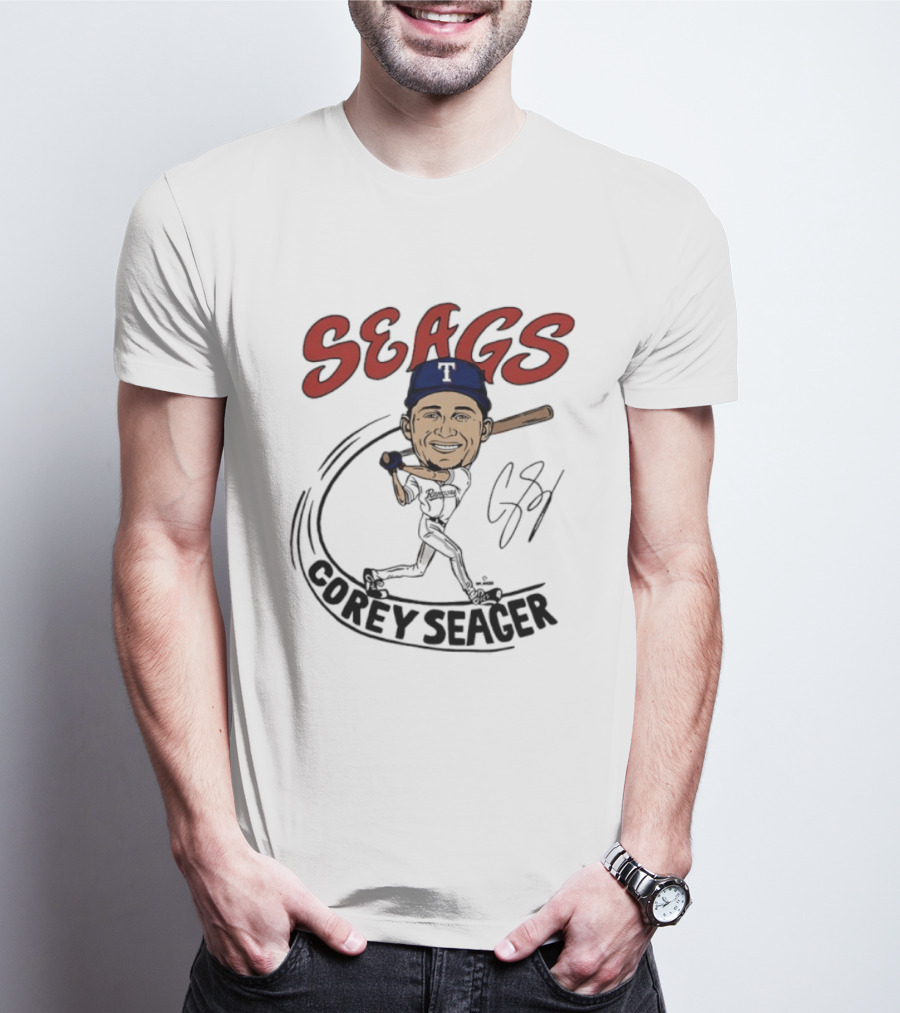 Seags Corey Seager Texas Rangers Slugger Swing Caricature T-Shirt