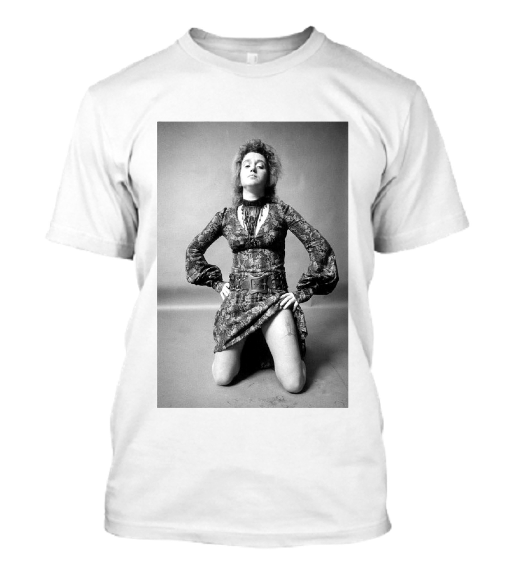Valie Export Iconic Performance Tribute Kneeling Image With Patterned Dress And Belt T-Shirt