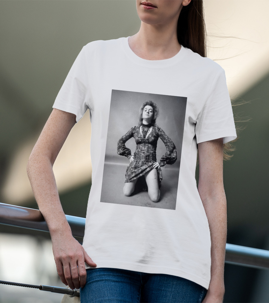 Valie Export Iconic Performance Tribute Kneeling Image With Patterned Dress And Belt T-Shirt