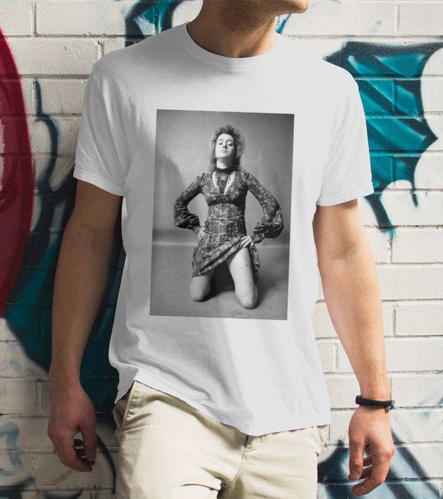 Valie Export Iconic Performance Tribute Kneeling Image With Patterned Dress And Belt T-Shirt