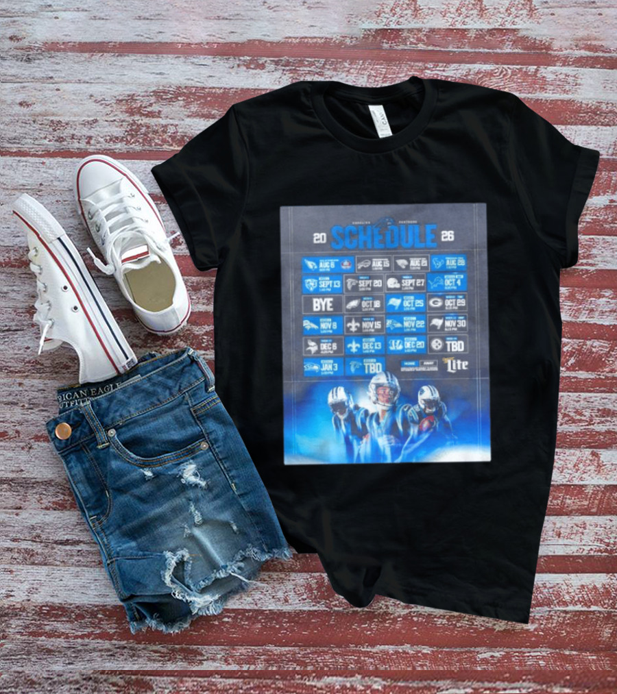 Carolina Panthers 2026 Game Schedule With Player Imagery And Opponent Logos T-Shirt