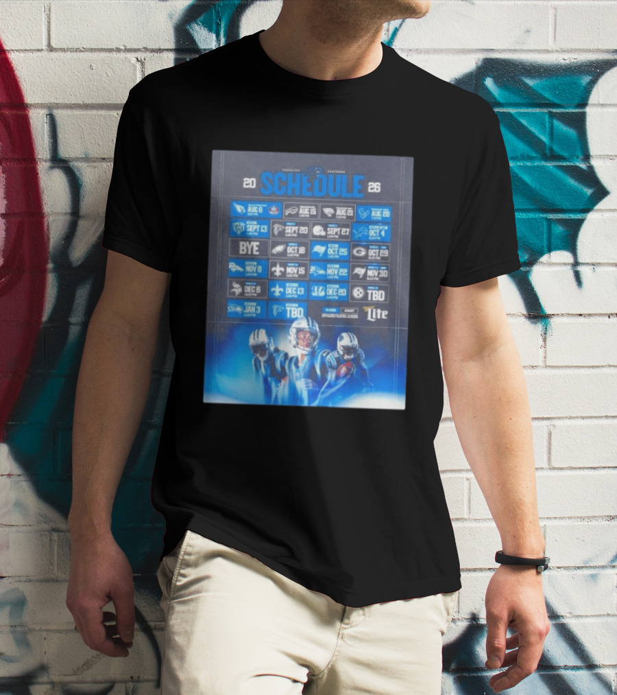 Carolina Panthers 2026 Game Schedule With Player Imagery And Opponent Logos T-Shirt