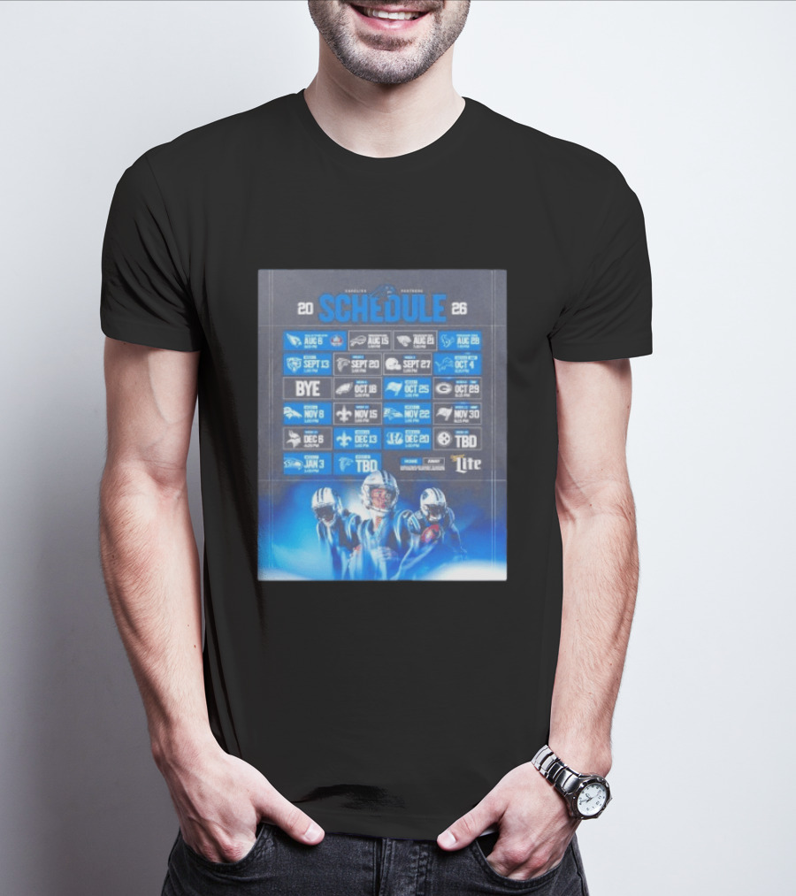 Carolina Panthers 2026 Game Schedule With Player Imagery And Opponent Logos T-Shirt