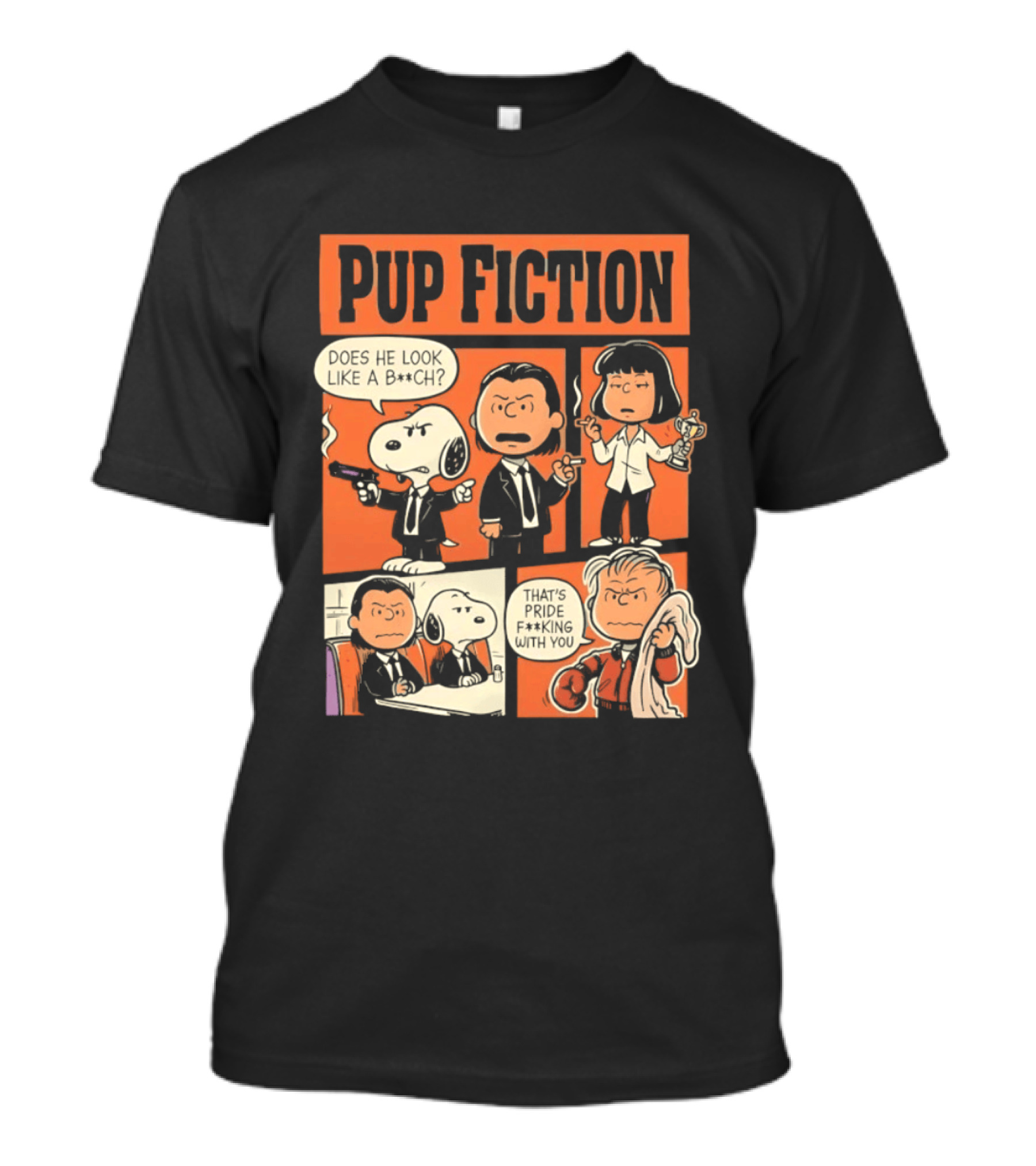 Pup Fiction Peanuts And Pulp Fiction Characters Mashup T-Shirt