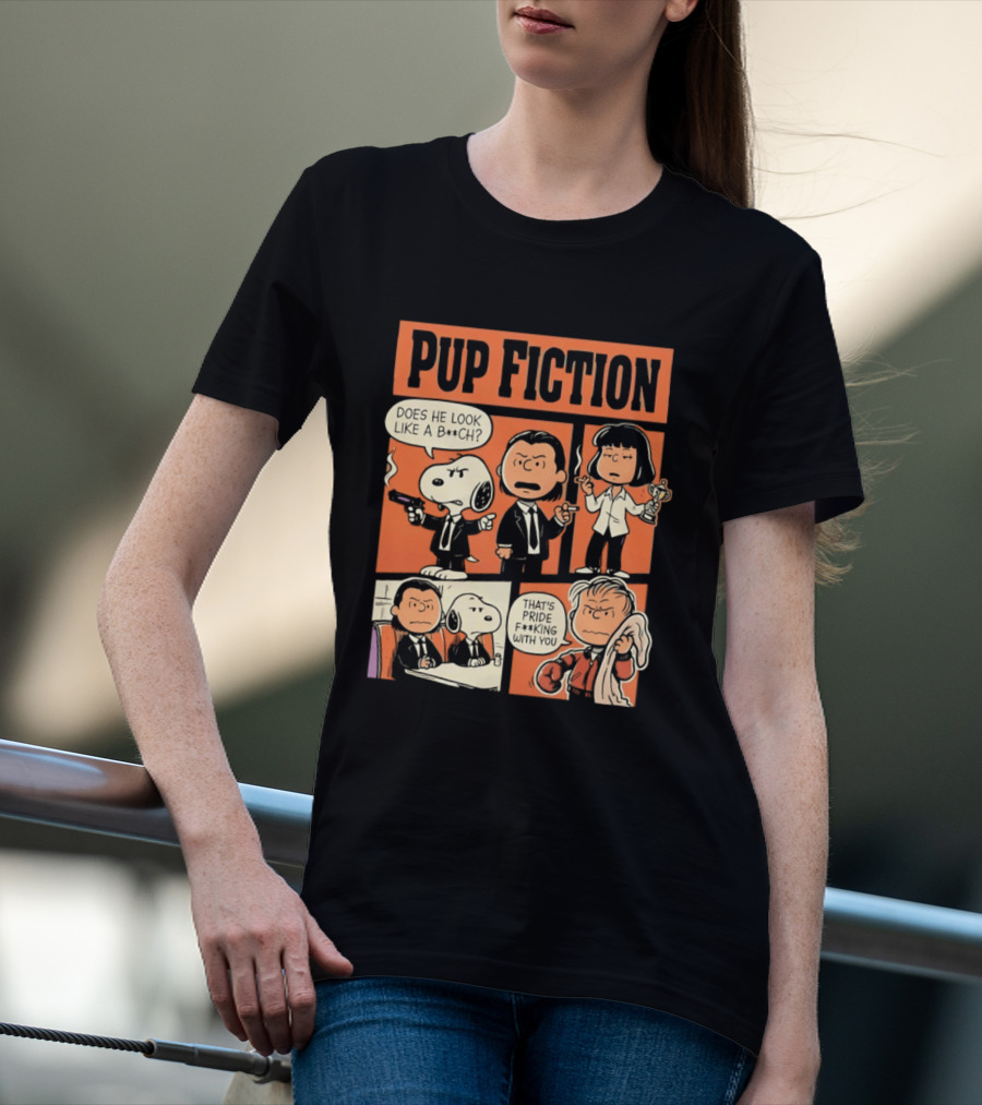 Pup Fiction Peanuts And Pulp Fiction Characters Mashup T-Shirt