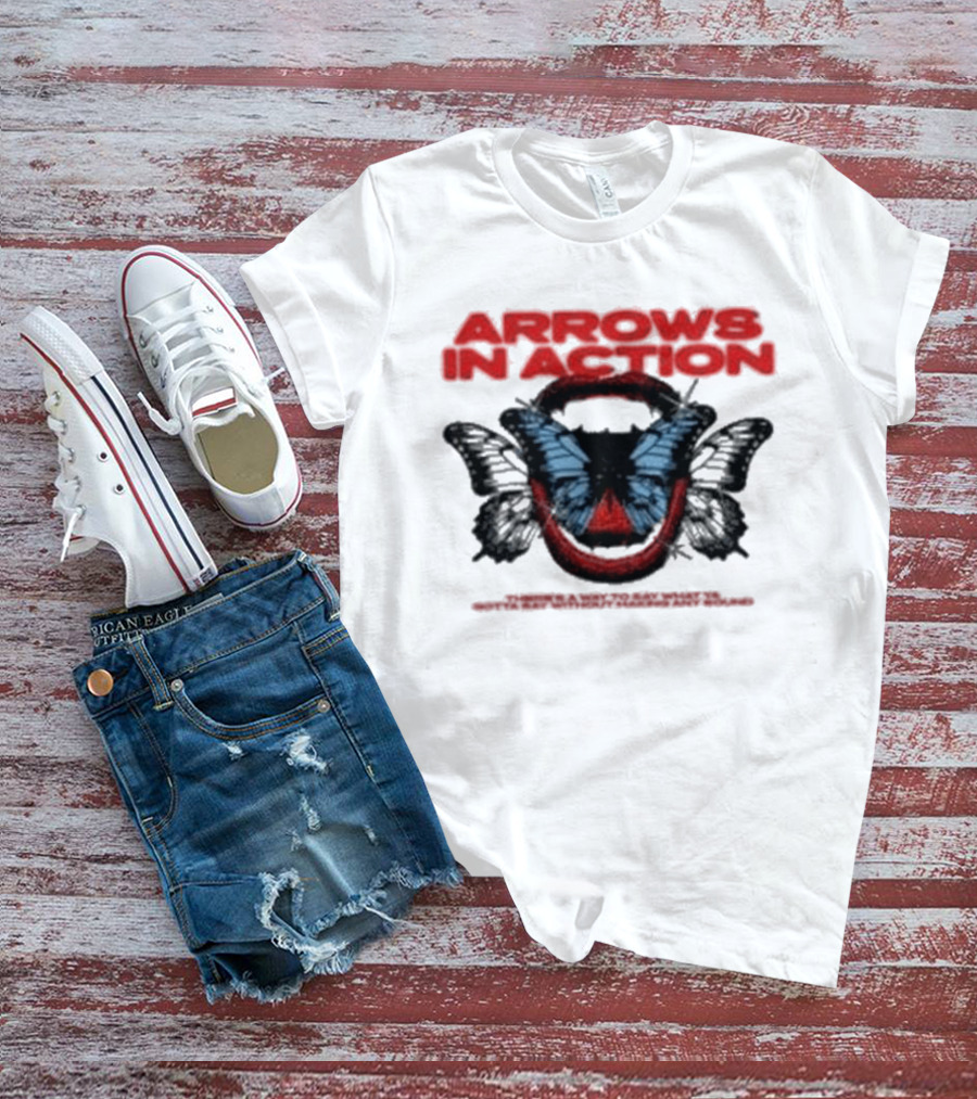 Arrows In Action Red Text Blue Butterfly T-Shirt