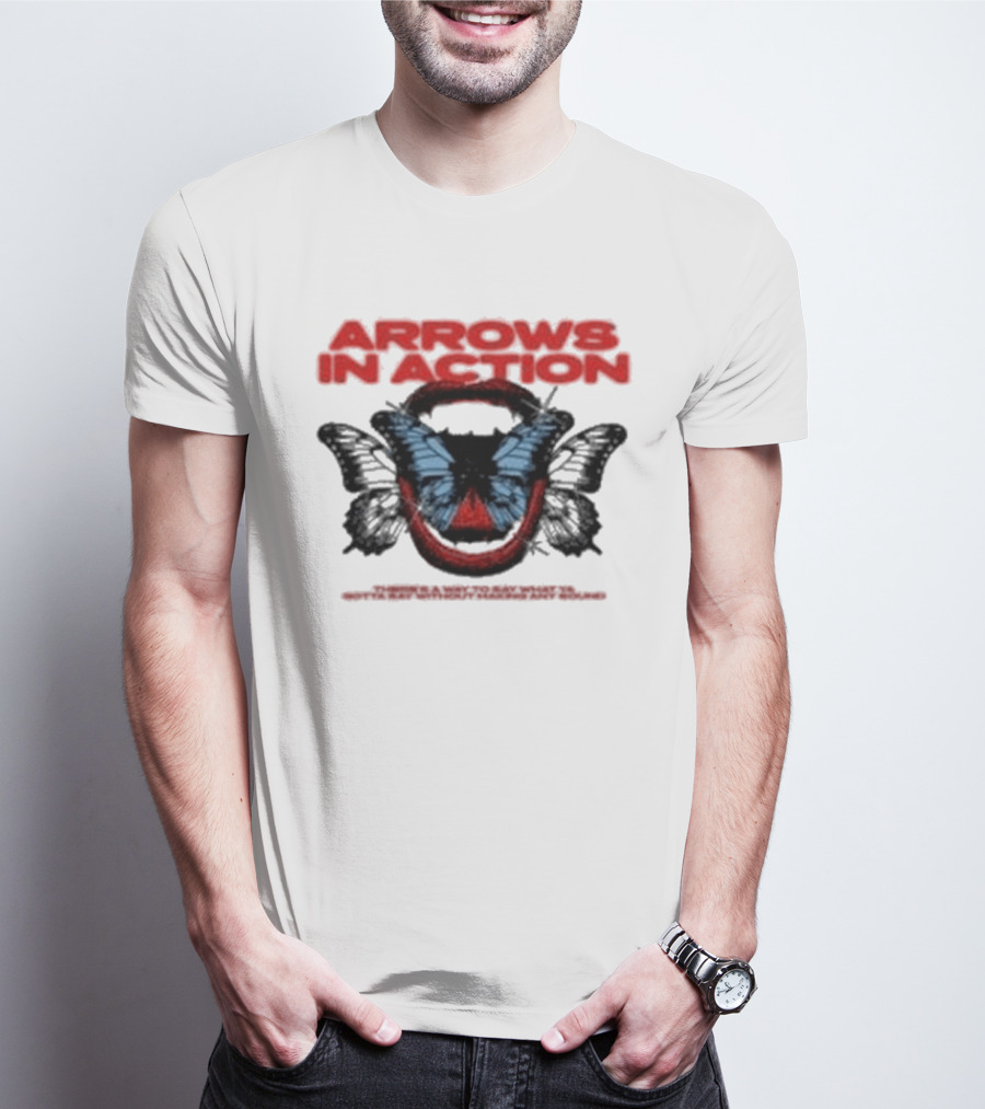 Arrows In Action Red Text Blue Butterfly T-Shirt