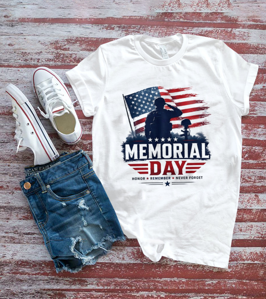 Memorial Day 2026 Honor Remember Never Forget American Flag T-Shirt