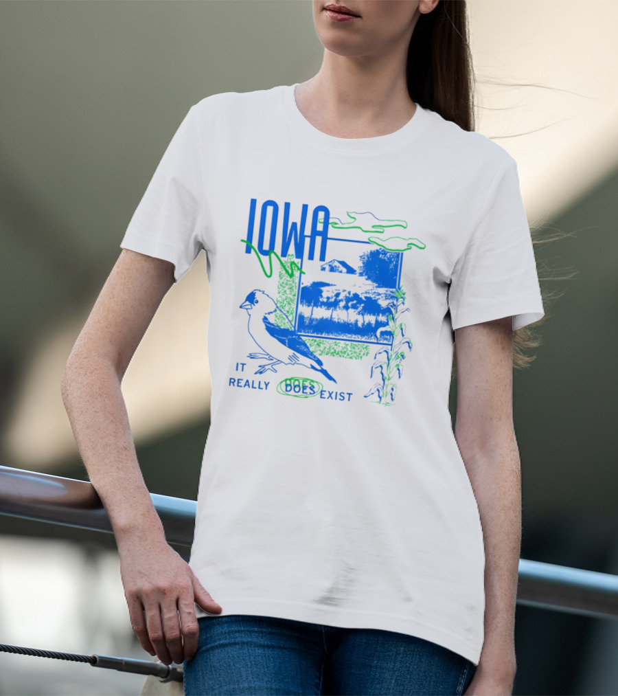 Iowa It Really Does Exist 90s Style Scenic Landscape Bird And Cornfield T-Shirt