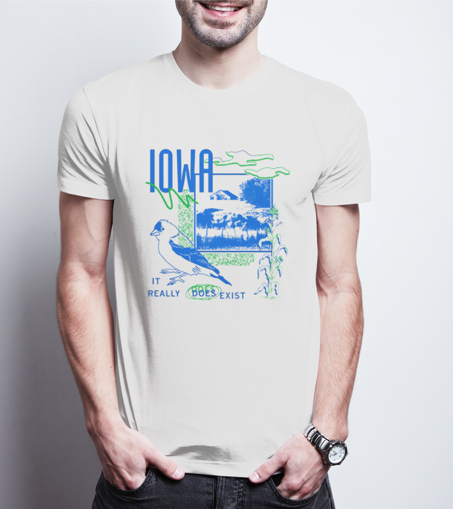 Iowa It Really Does Exist 90s Style Scenic Landscape Bird And Cornfield T-Shirt