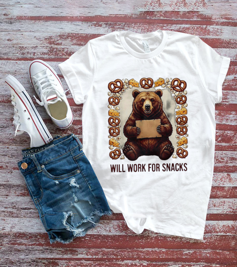 Bear Holding Cardboard Surrounded By Pretzels Cheese Popcorn Will Work For Snacks T-Shirt