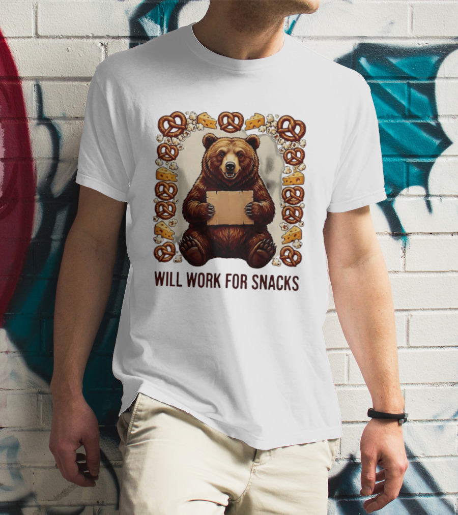 Bear Holding Cardboard Surrounded By Pretzels Cheese Popcorn Will Work For Snacks T-Shirt