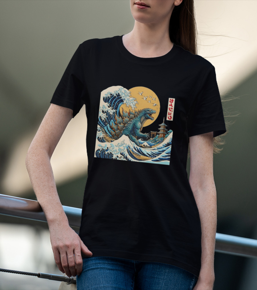 Kaiju Wave Monster Japanese Kawaki Kanji Pagoda Ukiyo E T-Shirt