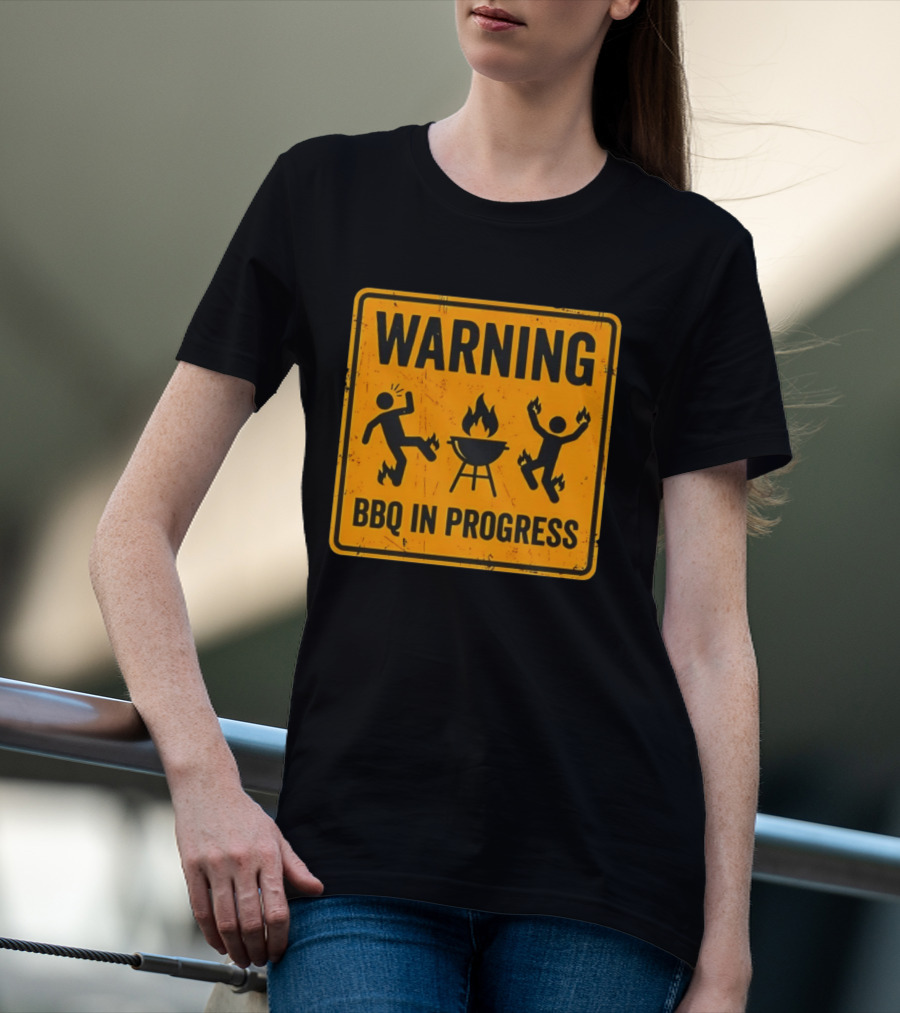 WARNING BBQ In Progress Funny Caution Sign With Flames T-Shirt