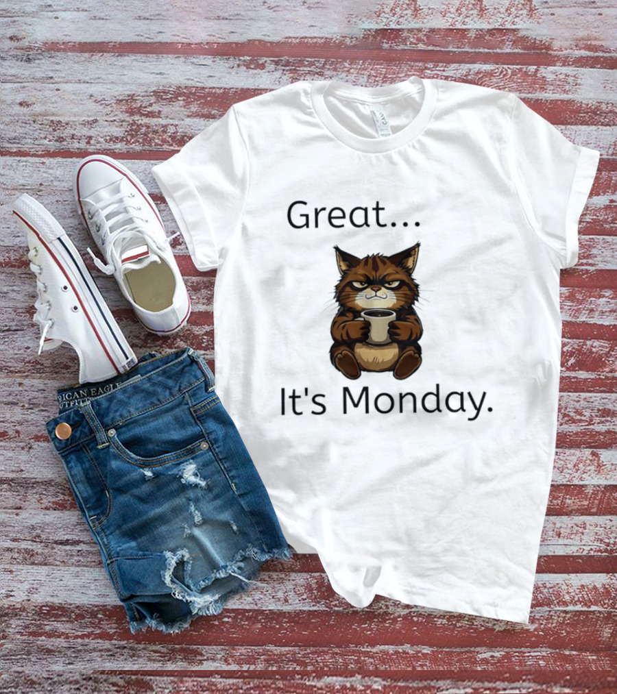 Great It's Monday Mood Cat With Coffee T-Shirt