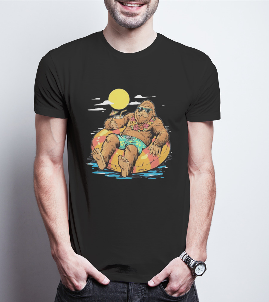 Bigfoot Lounging With A Cocktail In Tropical Beach Getaway Scene T-Shirt