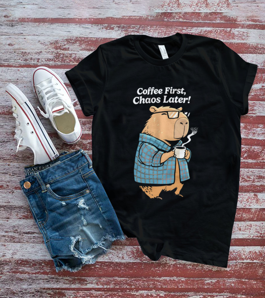 Coffee First Chaos Later Capybara In Plaid With T-Shirt