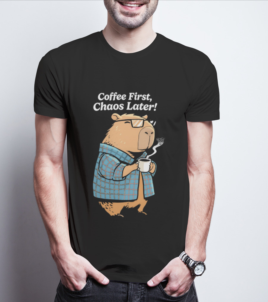 Coffee First Chaos Later Capybara In Plaid With T-Shirt
