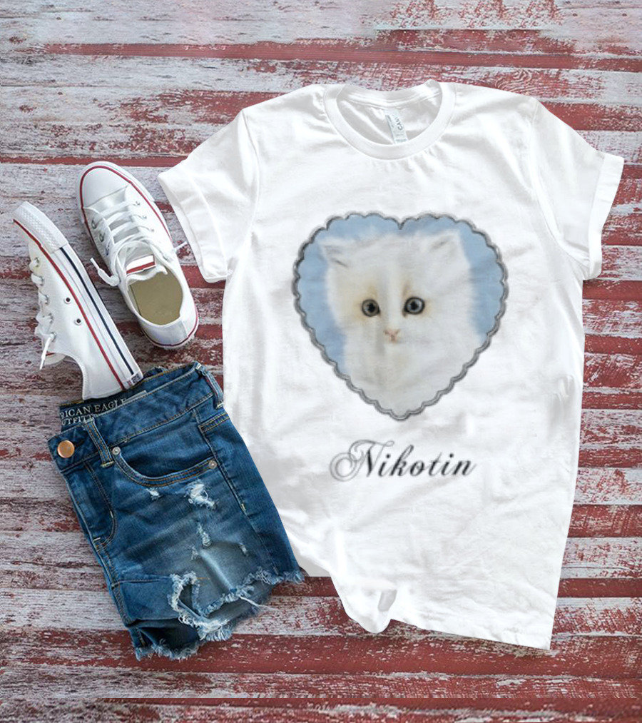 Nikotin Kitten Heart Cute White Cat In Blue Heart Frame T-Shirt