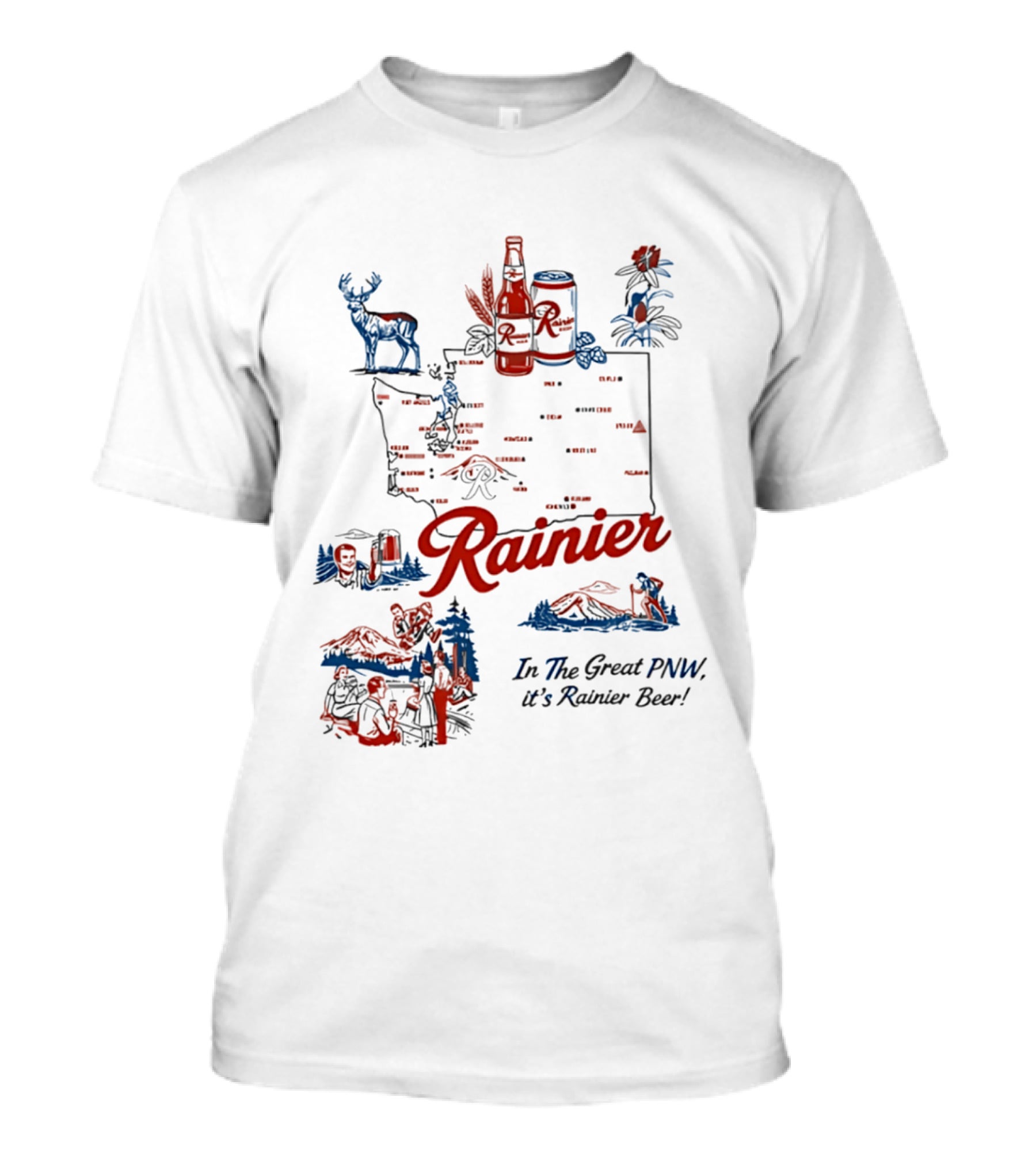 Rainier Beer In The Great PNW Rainier Beer Doodle Washington State Map Wilderness Scene T-Shirt