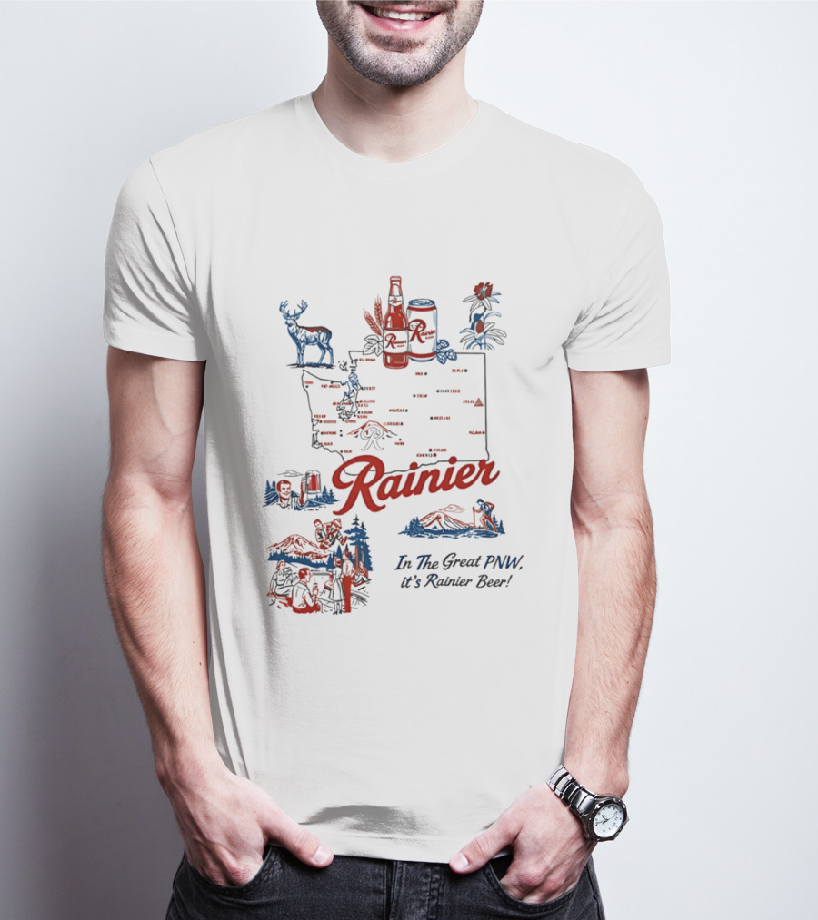 Rainier Beer In The Great PNW Rainier Beer Doodle Washington State Map Wilderness Scene T-Shirt