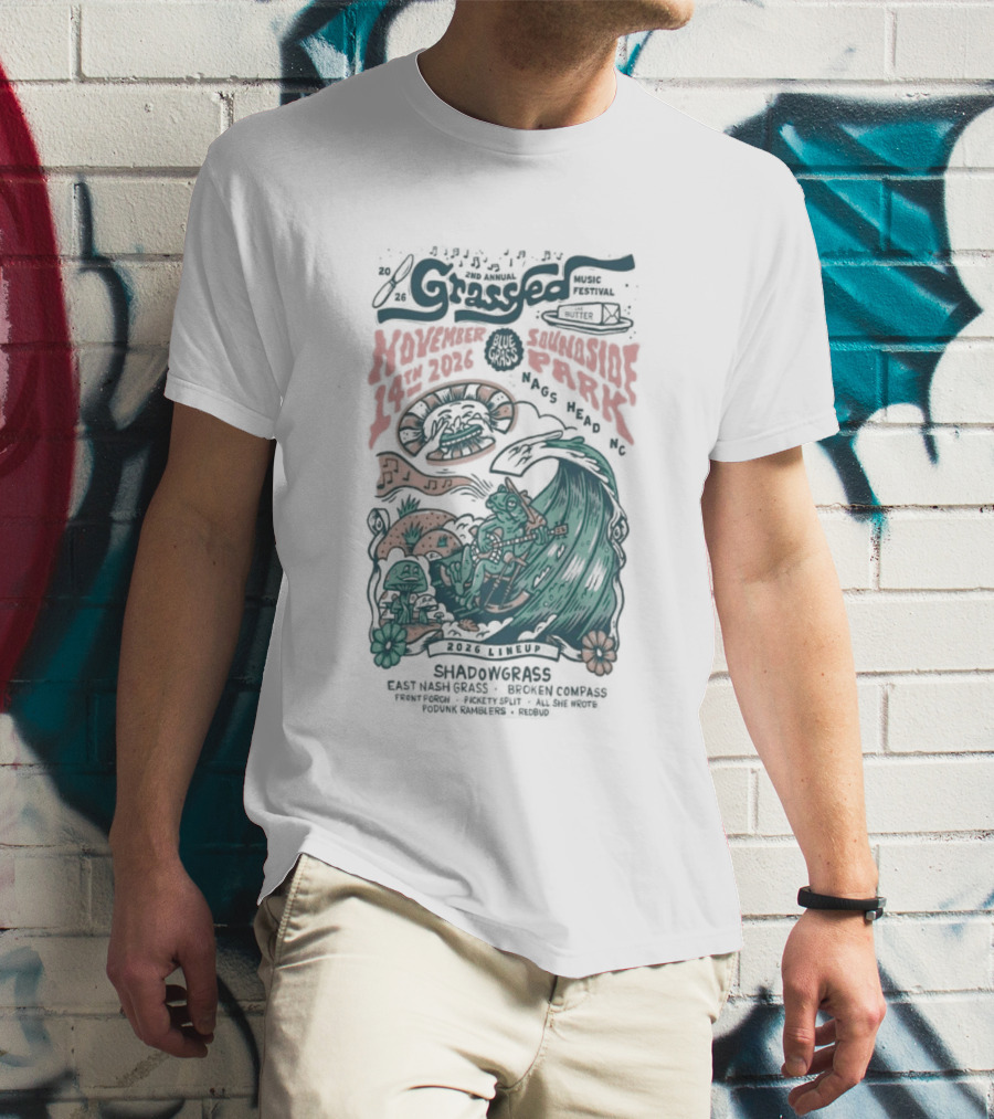 Shadowgrass November 14 2026 Nags Head NC Psychedelic Swirling Mushroom Wave T-Shirt