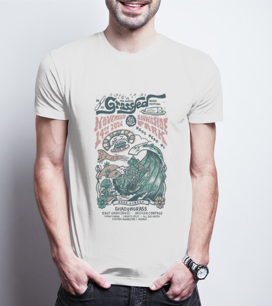 Shadowgrass November 14 2026 Nags Head NC Psychedelic Swirling Mushroom Wave T-Shirt