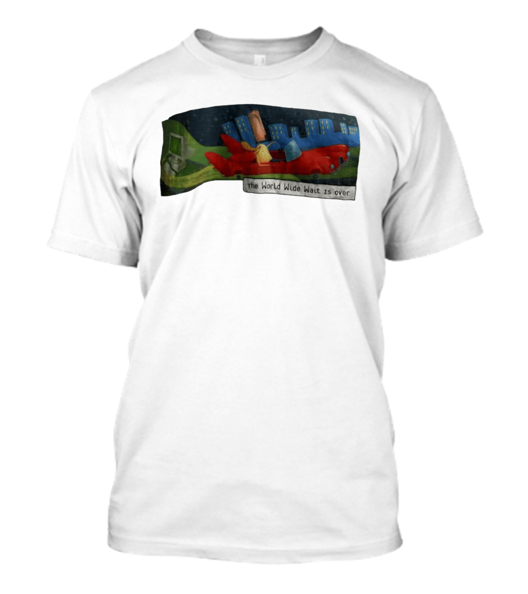 The World Wide Wait Is Over Red Car Cityscape Adventure T-Shirt