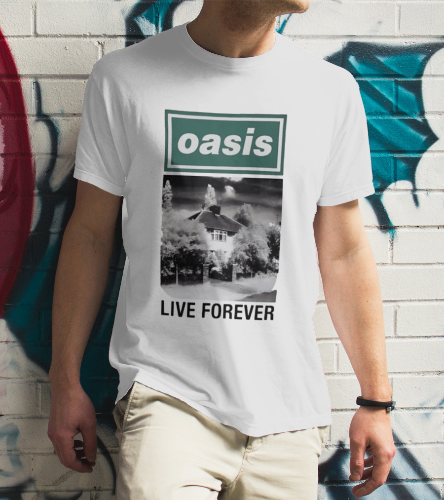 Oasis Live Forever Black And White House Image T-Shirt