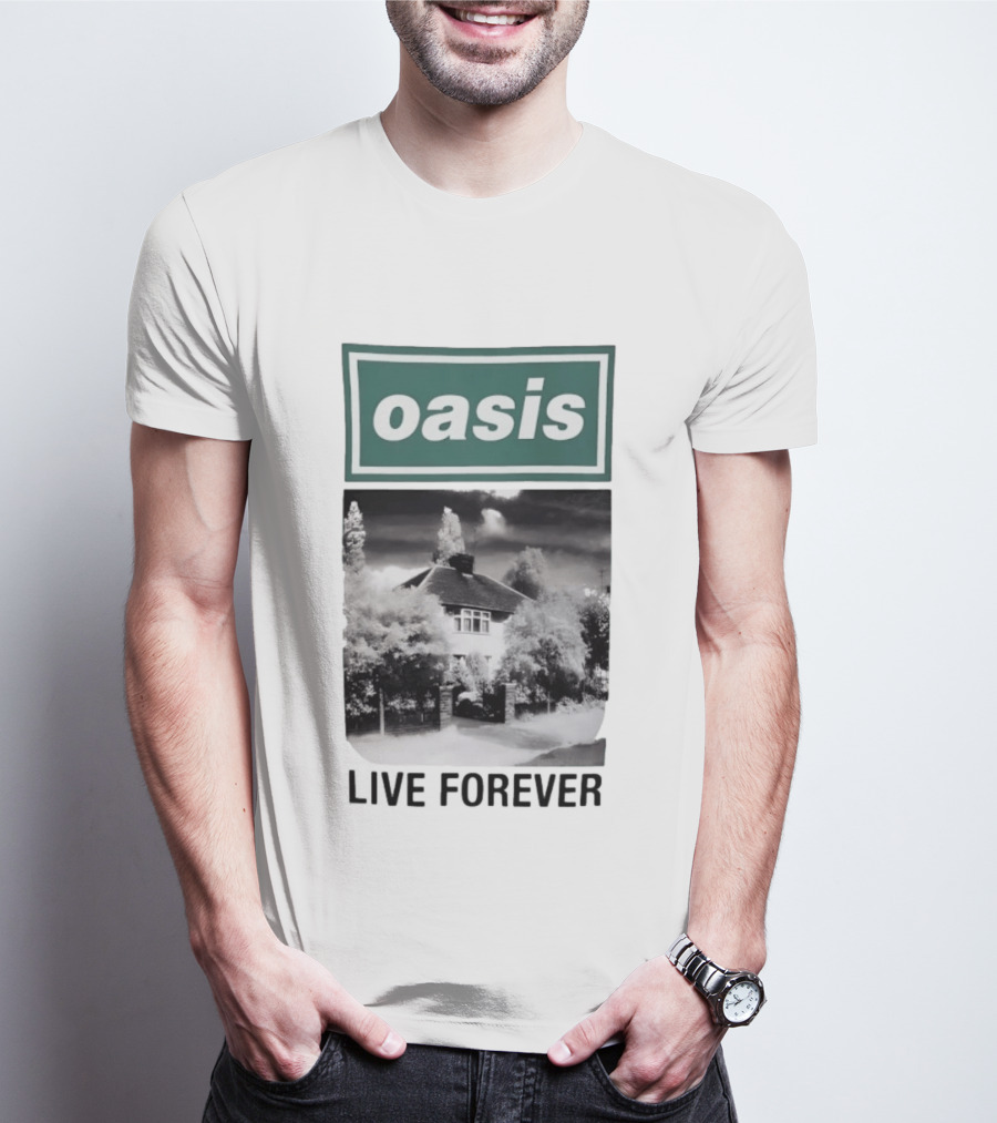 Oasis Live Forever Black And White House Image T-Shirt