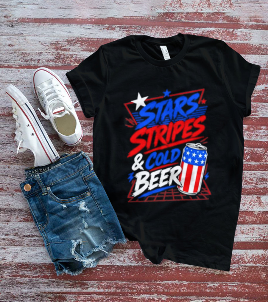 Stars Stripes And Cold Beer American Flag Can Patriotic Celebration T-Shirt