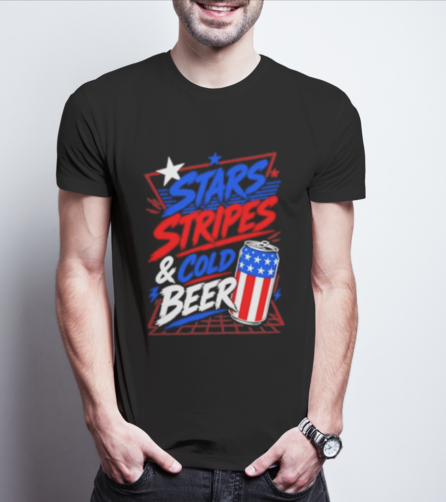 Stars Stripes And Cold Beer American Flag Can Patriotic Celebration T-Shirt
