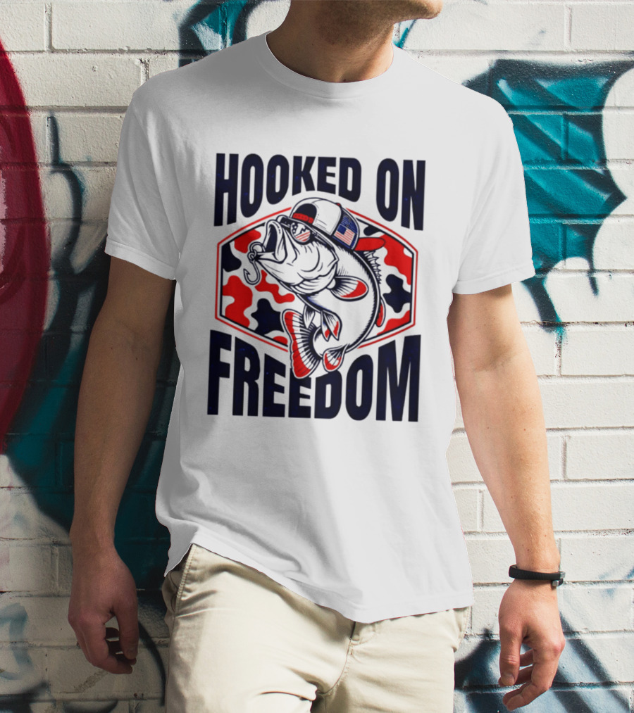 Hooked On Freedom Patriotic Fish Camo Hat T-Shirt