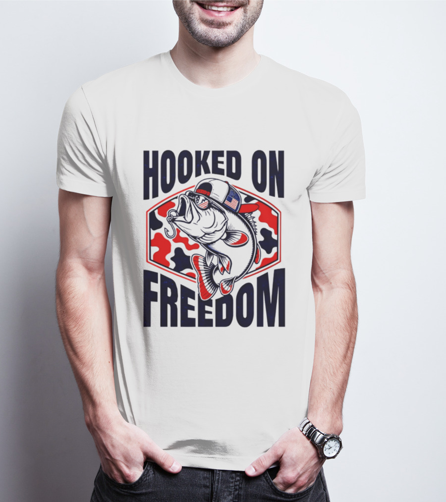 Hooked On Freedom Patriotic Fish Camo Hat T-Shirt