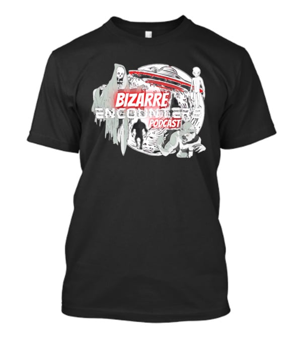 Bizarre Encounters Podcast UFO Aliens Skeletons Paranormal Illustrations T-Shirt