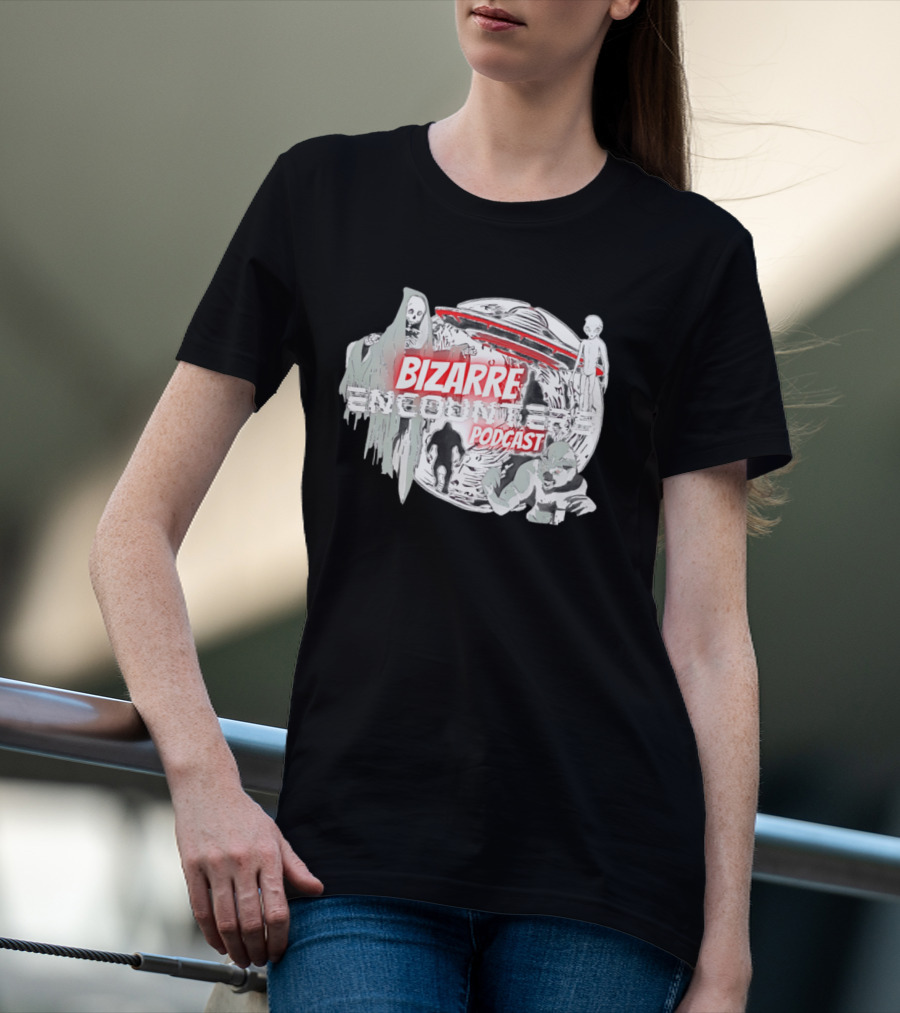 Bizarre Encounters Podcast UFO Aliens Skeletons Paranormal Illustrations T-Shirt
