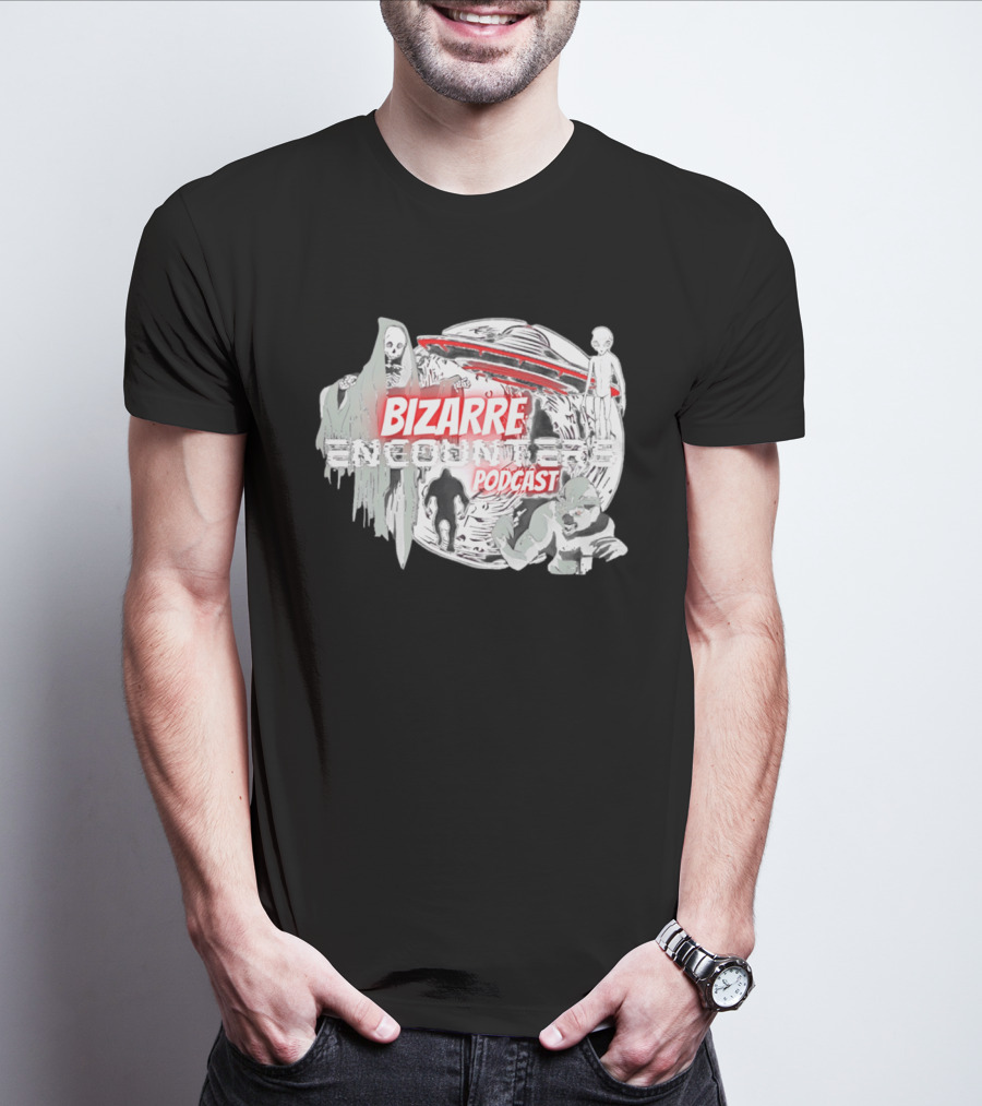 Bizarre Encounters Podcast UFO Aliens Skeletons Paranormal Illustrations T-Shirt