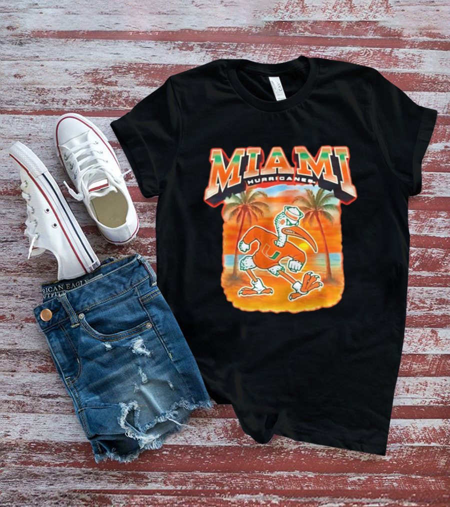 Miami Hurricanes Sebastian With Palm Trees And Sunset Beach Scene T-Shirt