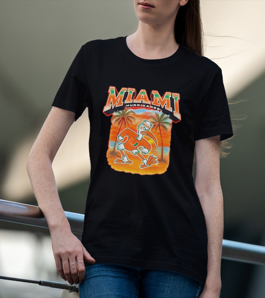 Miami Hurricanes Sebastian With Palm Trees And Sunset Beach Scene T-Shirt