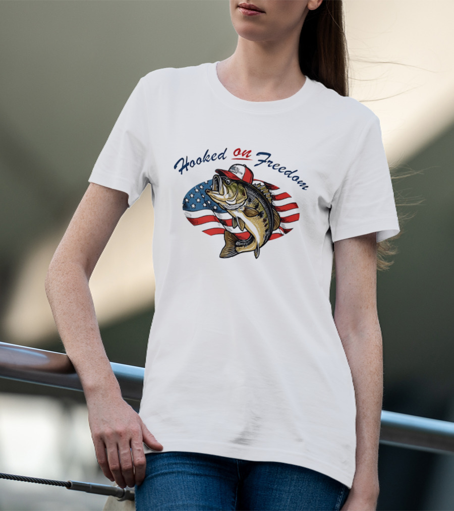 Hooked On Freedom Fish American Flag T-Shirt