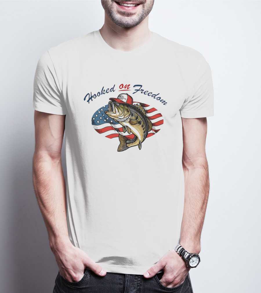 Hooked On Freedom Fish American Flag T-Shirt