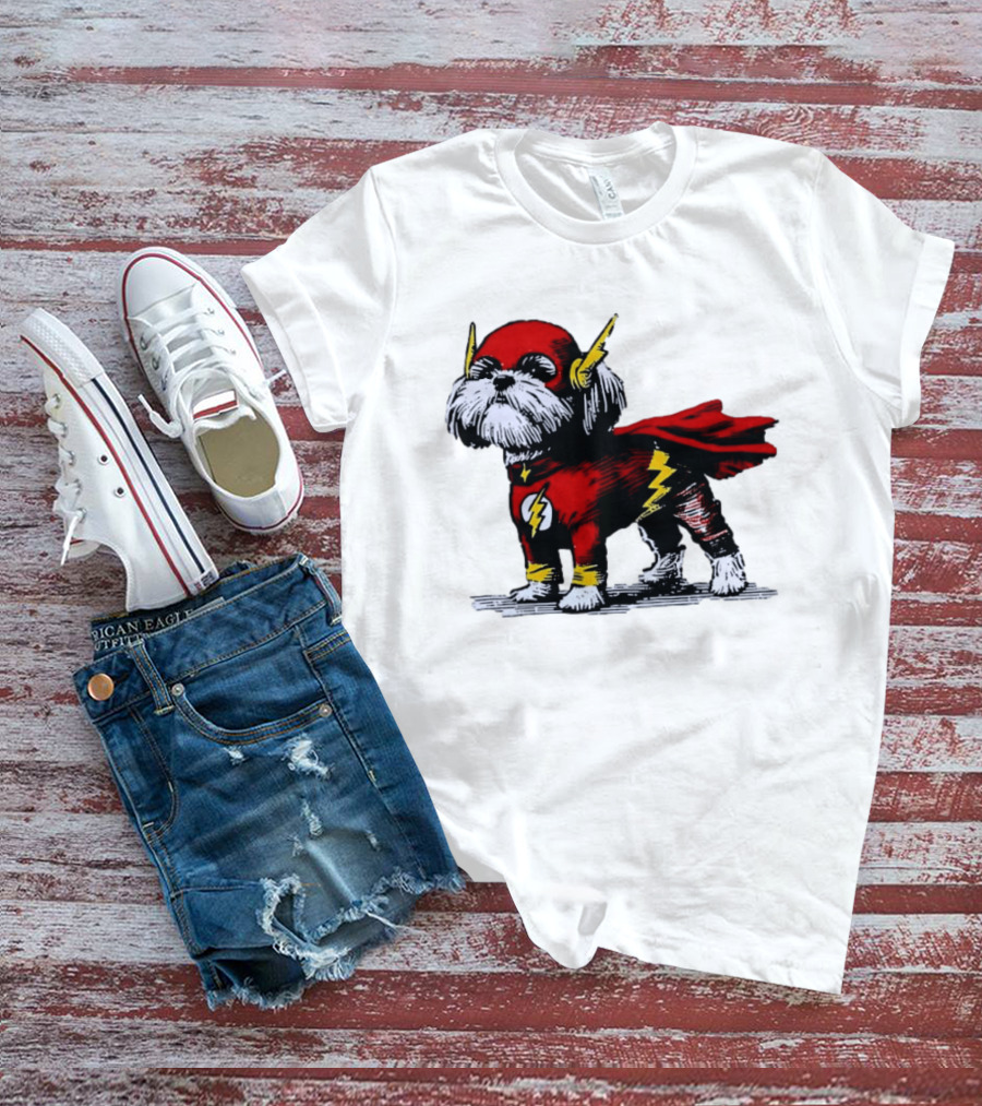 Shih Tzu Dog In The Flash Superhero Costume With Lightning Bolt T-Shirt