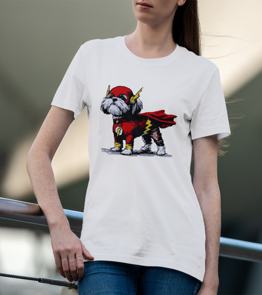Shih Tzu Dog In The Flash Superhero Costume With Lightning Bolt T-Shirt