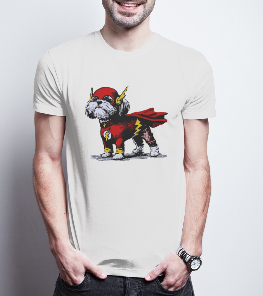 Shih Tzu Dog In The Flash Superhero Costume With Lightning Bolt T-Shirt